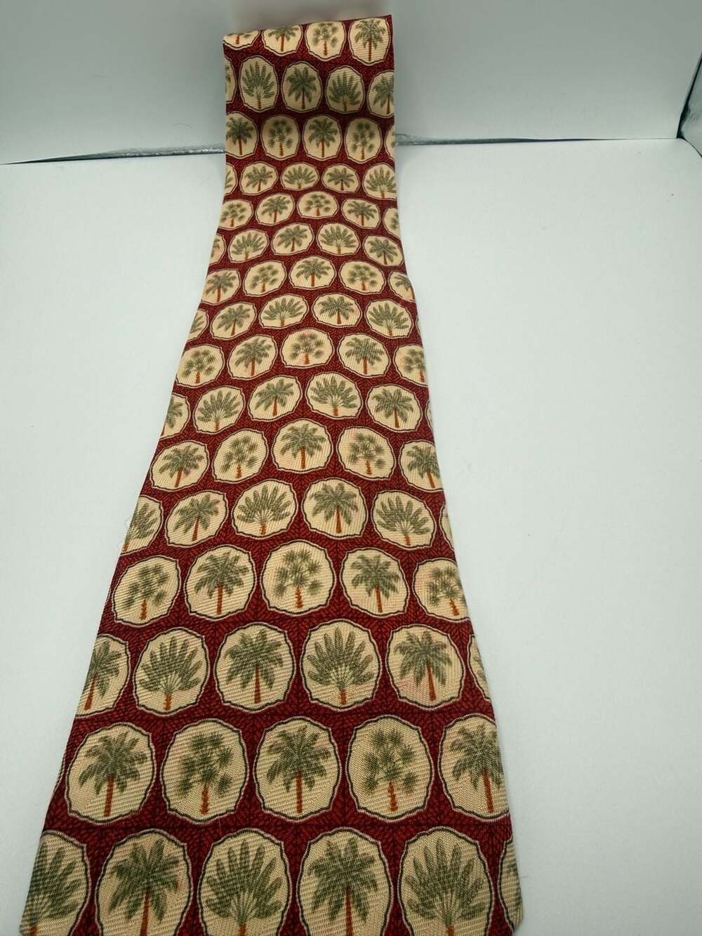 Tommy Bahama Red and Tan Palm Tree Pattern Silk Necktie